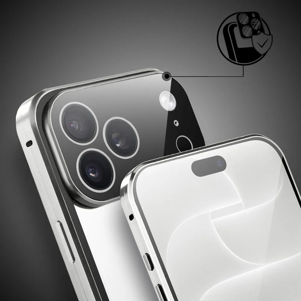 obudowa do iphone 18 pro max podwójna szyba i polerowane aluminium 360° magnetyczna, z osłoną aparatu, srebrna