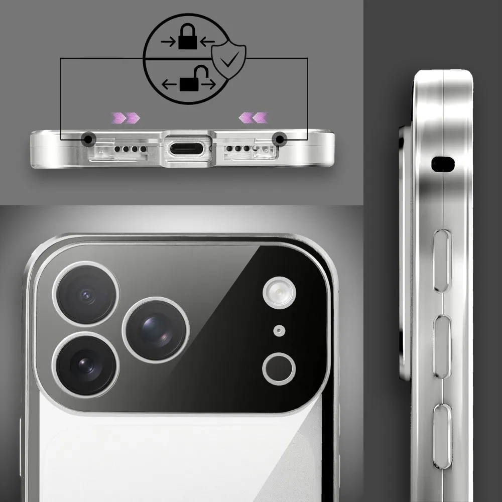 obudowa do iphone 18 pro max podwójna szyba i polerowane aluminium 360° magnetyczna, z osłoną aparatu, srebrna