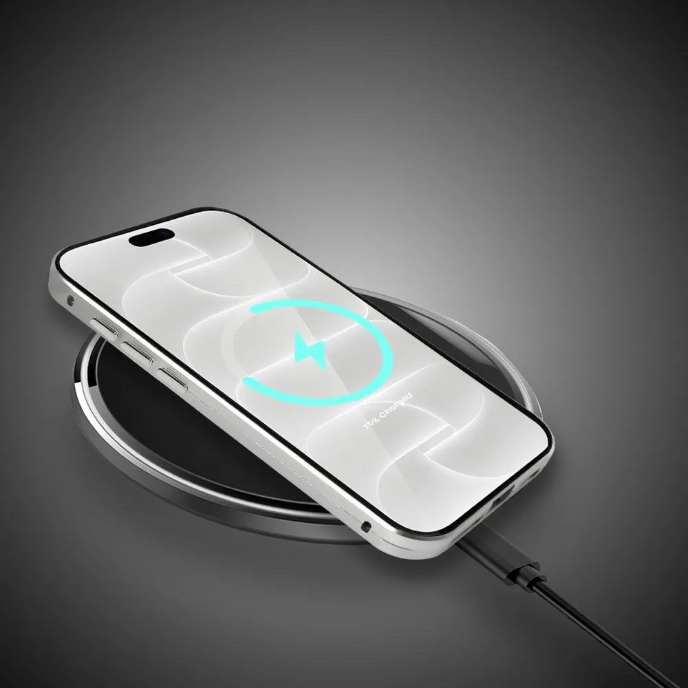 obudowa do iphone 18 pro max podwójna szyba i polerowane aluminium 360° magnetyczna, z osłoną aparatu, srebrna