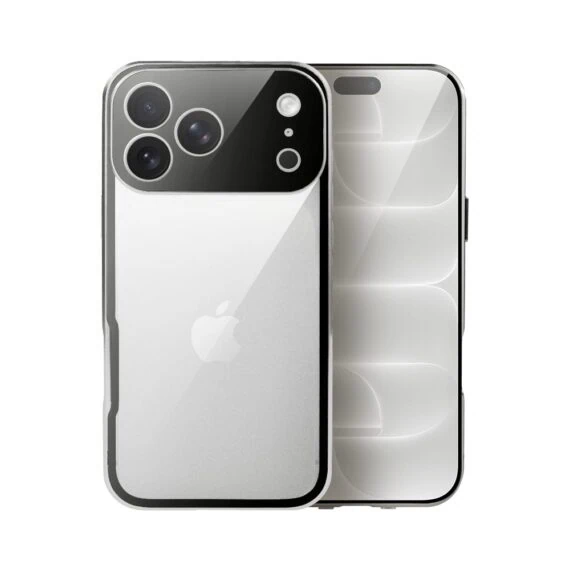 obudowa do iphone 18 pro max podwójna szyba i polerowane aluminium 360° magnetyczna, z osłoną aparatu, srebrna