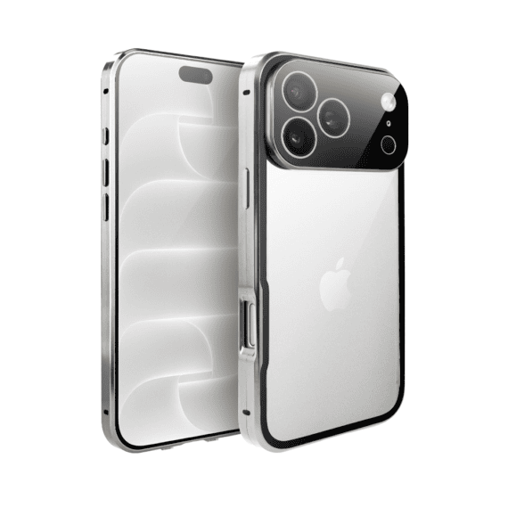 obudowa do iphone 18 pro max podwójna szyba i polerowane aluminium 360° magnetyczna, z osłoną aparatu, srebrna