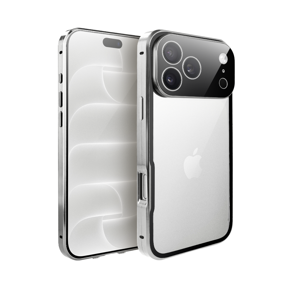 obudowa do iphone 18 pro max podwójna szyba i polerowane aluminium 360° magnetyczna, z osłoną aparatu, srebrna