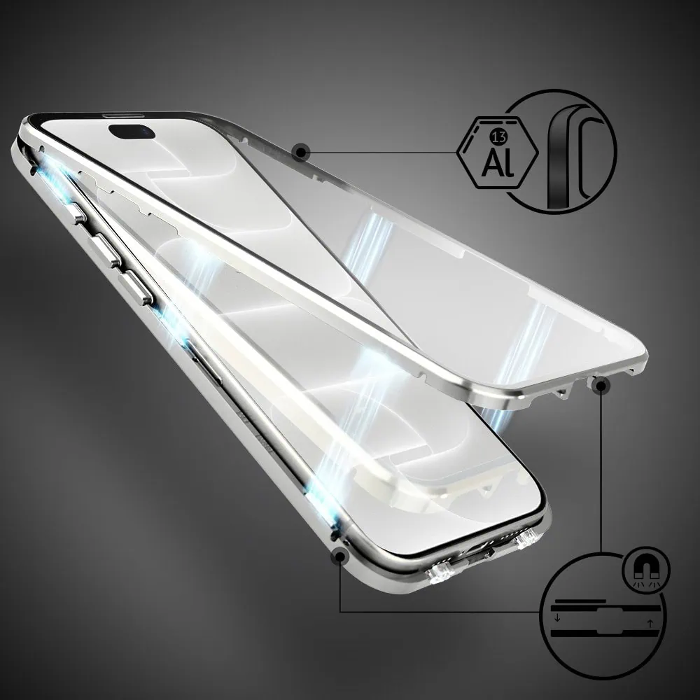obudowa do iphone 18 pro max podwójna szyba i polerowane aluminium 360° magnetyczna, z osłoną aparatu, srebrna