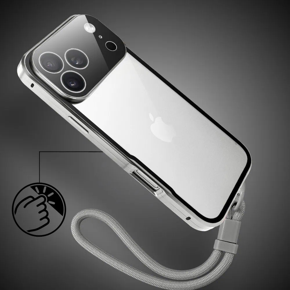 obudowa do iphone 18 pro max podwójna szyba i polerowane aluminium 360° magnetyczna, z osłoną aparatu, srebrna