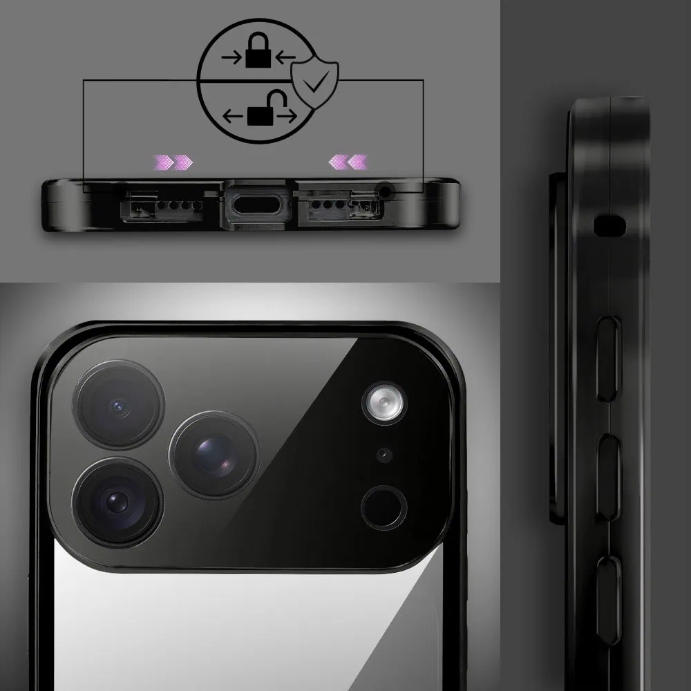 obudowa do iphone 18 pro max podwójna szyba i polerowane aluminium 360° magnetyczna, z osłoną aparatu, czarna