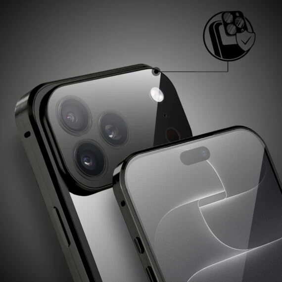 obudowa do iphone 18 pro max podwójna szyba i polerowane aluminium 360° magnetyczna, z osłoną aparatu, czarna