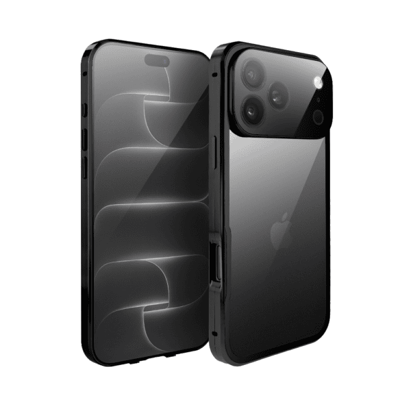 Obudowa do iPhone 18 Pro podwójna szyba i polerowane aluminium 360° magnetyczna, z osłoną aparatu, czarna