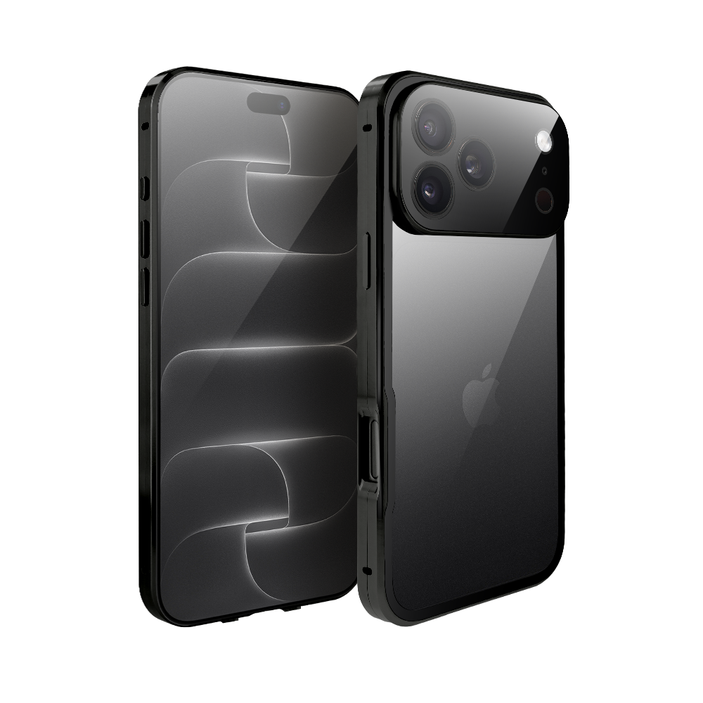 obudowa do iphone 18 pro max podwójna szyba i polerowane aluminium 360° magnetyczna, z osłoną aparatu, czarna