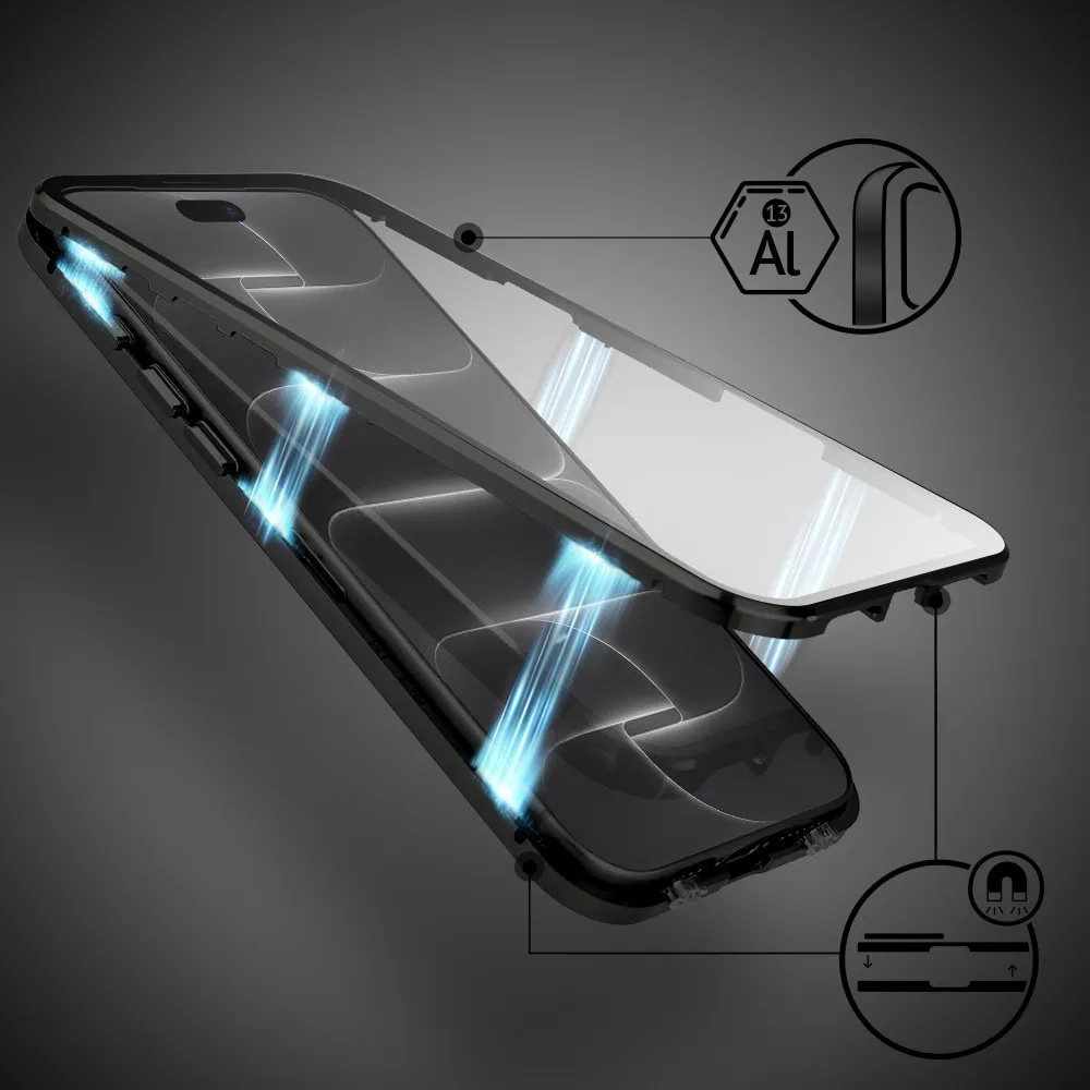 obudowa do iphone 18 pro max podwójna szyba i polerowane aluminium 360° magnetyczna, z osłoną aparatu, czarna