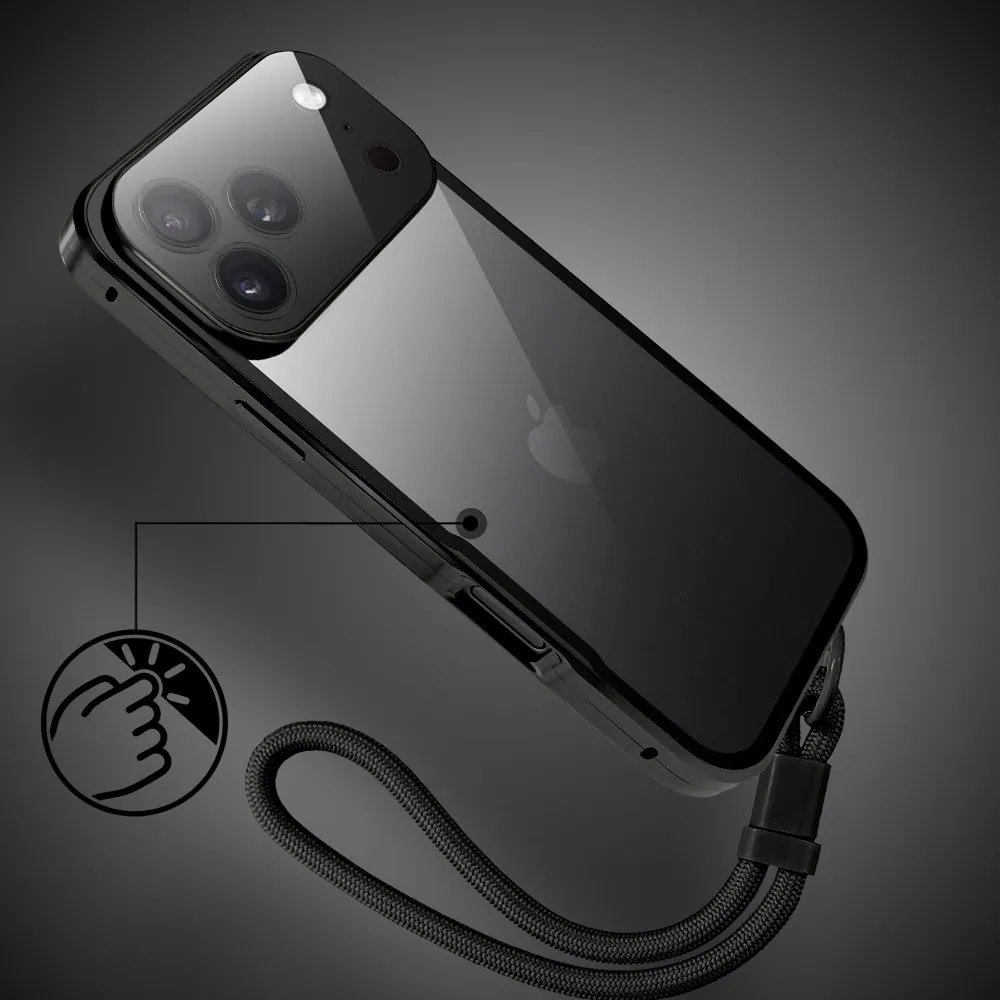 obudowa do iphone 18 pro max podwójna szyba i polerowane aluminium 360° magnetyczna, z osłoną aparatu, czarna