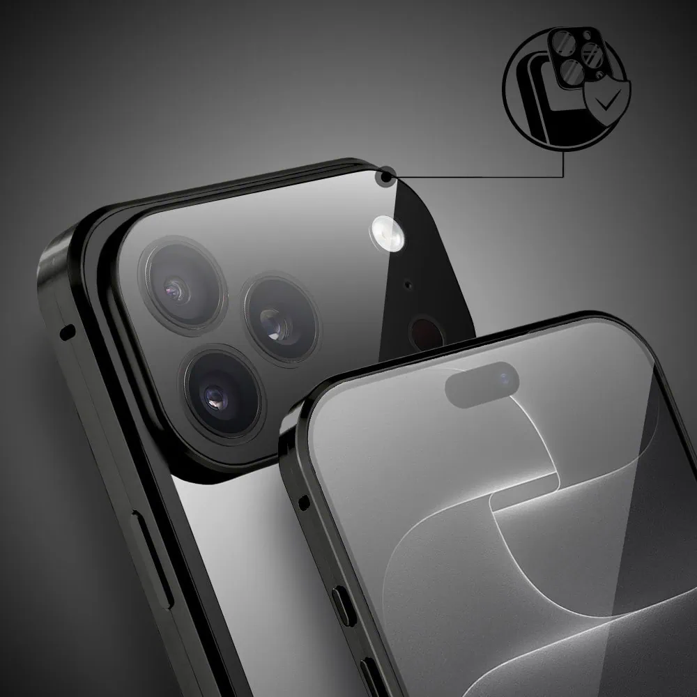 obudowa do iphone 18 pro max podwójna szyba i polerowane aluminium 360° magnetyczna, z osłoną aparatu, czarna