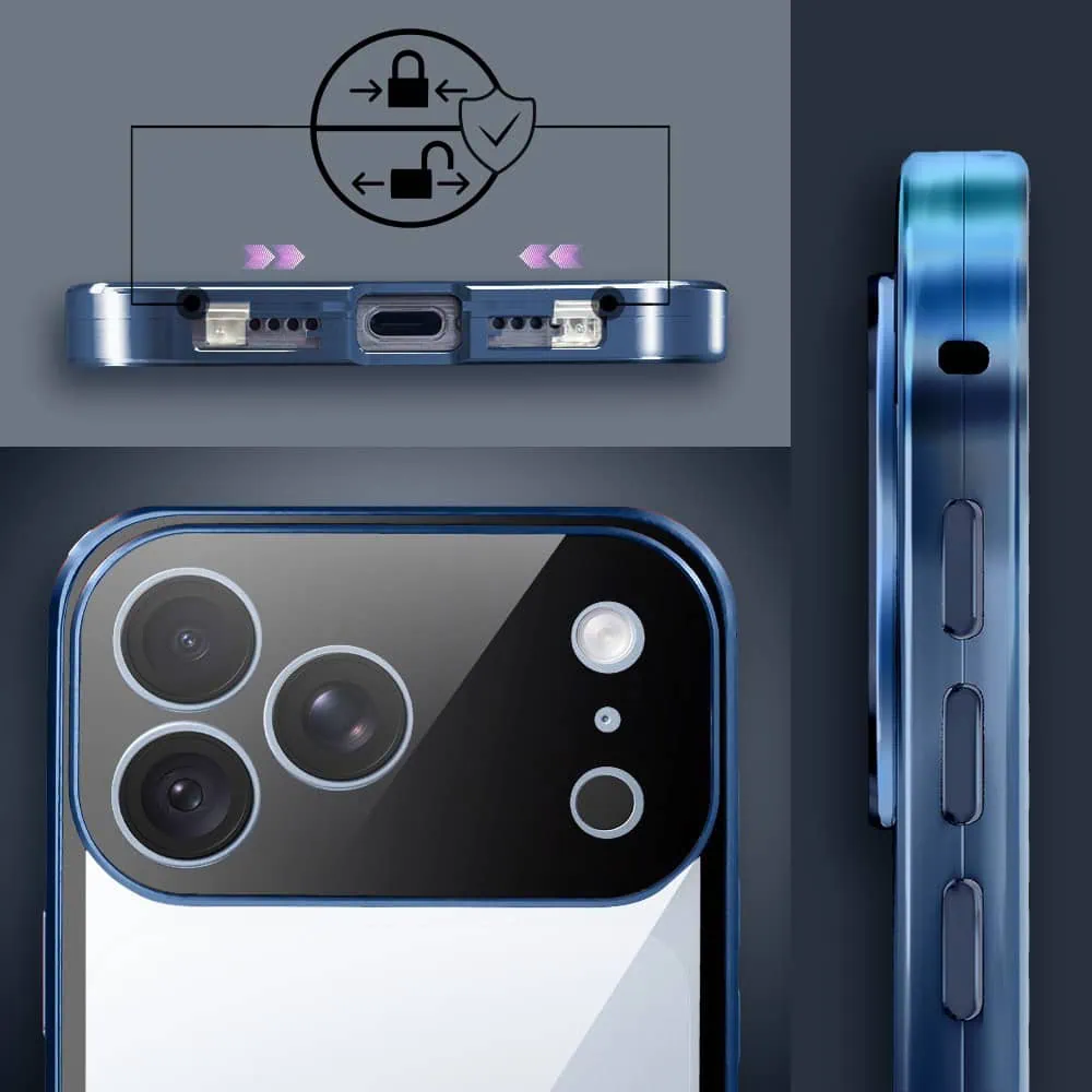 obudowa do iphone 18 pro max podwójna szyba i polerowane aluminium 360° magnetyczna, z osłoną aparatu, granatowa