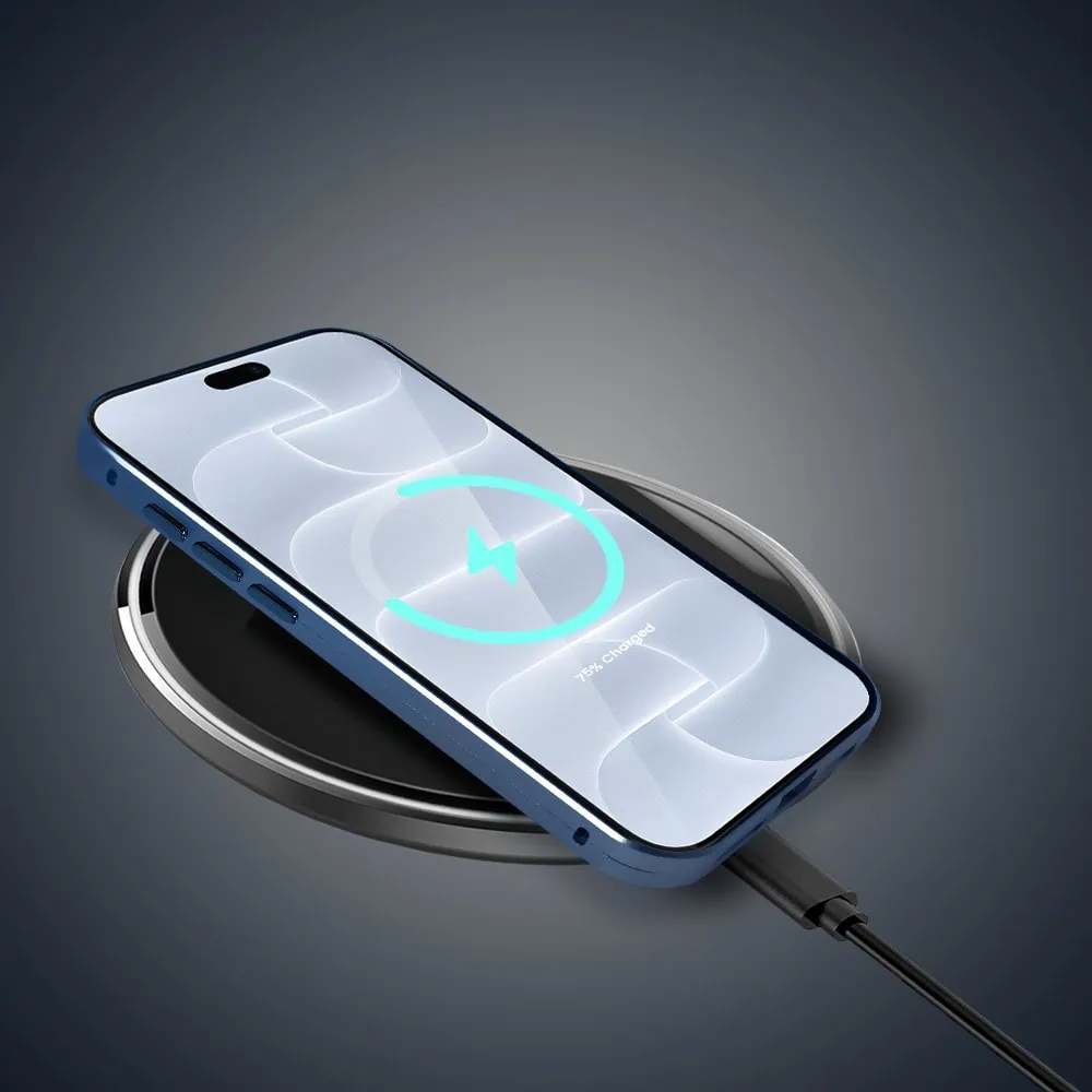 obudowa do iphone 18 pro max podwójna szyba i polerowane aluminium 360° magnetyczna, z osłoną aparatu, granatowa