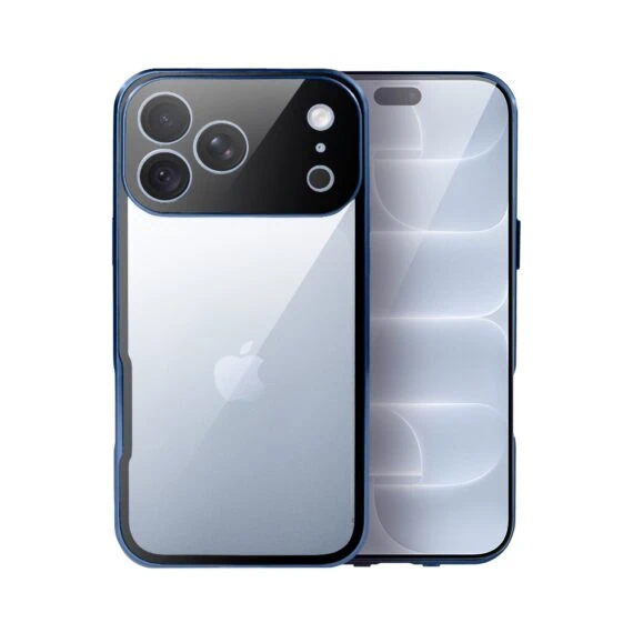 obudowa do iphone 18 pro max podwójna szyba i polerowane aluminium 360° magnetyczna, z osłoną aparatu, granatowa