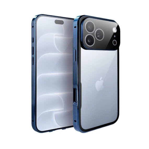 obudowa do iphone 18 pro max podwójna szyba i polerowane aluminium 360° magnetyczna, z osłoną aparatu, granatowa