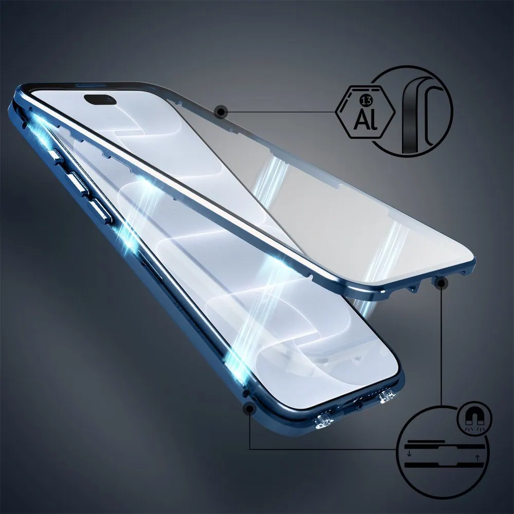 obudowa do iphone 18 pro max podwójna szyba i polerowane aluminium 360° magnetyczna, z osłoną aparatu, granatowa