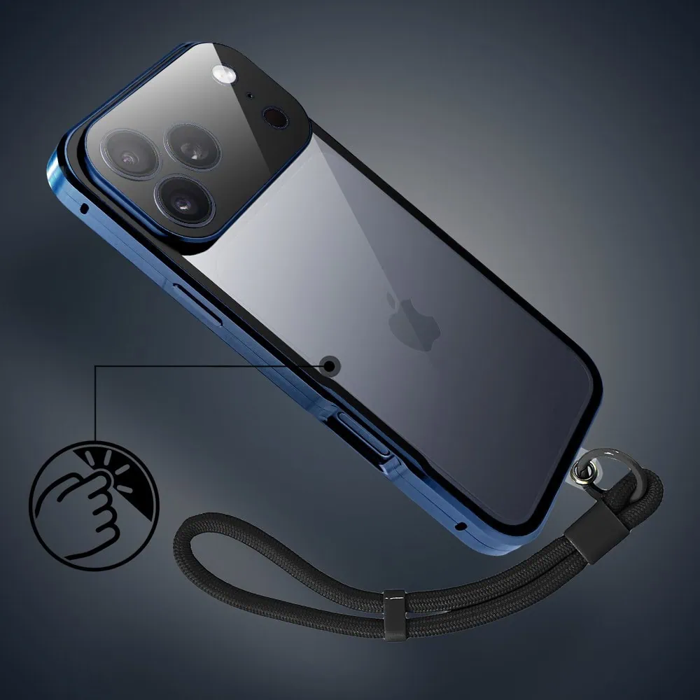 obudowa do iphone 18 pro max podwójna szyba i polerowane aluminium 360° magnetyczna, z osłoną aparatu, granatowa