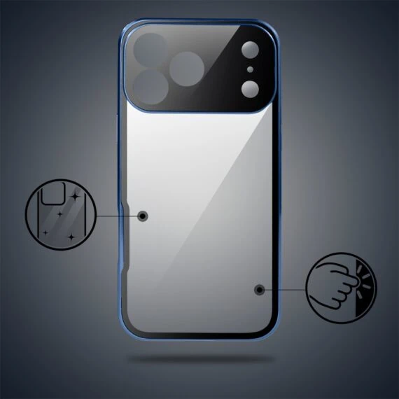obudowa do iphone 18 pro max podwójna szyba i polerowane aluminium 360° magnetyczna, z osłoną aparatu, granatowa