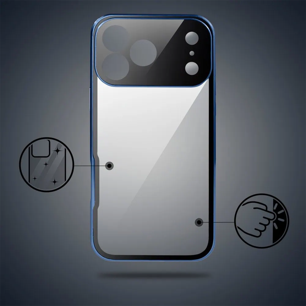 obudowa do iphone 18 pro max podwójna szyba i polerowane aluminium 360° magnetyczna, z osłoną aparatu, granatowa
