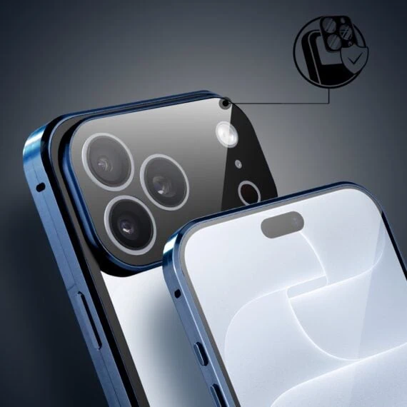 obudowa do iphone 18 pro max podwójna szyba i polerowane aluminium 360° magnetyczna, z osłoną aparatu, granatowa