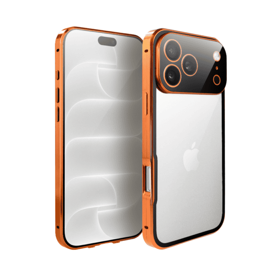 obudowa do iphone 18 pro max podwójna szyba i polerowane aluminium 360° magnetyczna, z osłoną aparatu, pomarańczowa
