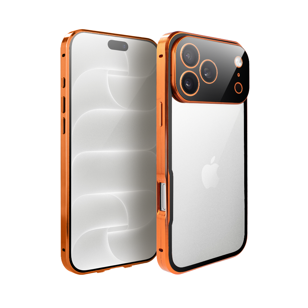 obudowa do iphone 18 pro max podwójna szyba i polerowane aluminium 360° magnetyczna, z osłoną aparatu, pomarańczowa
