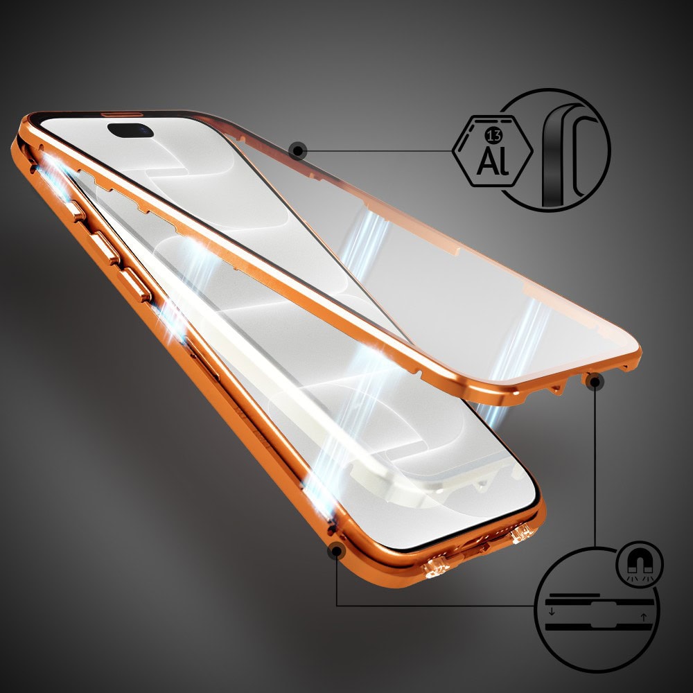 Obudowa do iPhone 18 Pro Max podwójna szyba i polerowane aluminium 360° magnetyczna, z osłoną aparatu, pomarańczowa (2) obudowa do iphone 18 pro max podwójna szyba i polerowane aluminium 360° magnetyczna, z osłoną aparatu, pomarańczowa