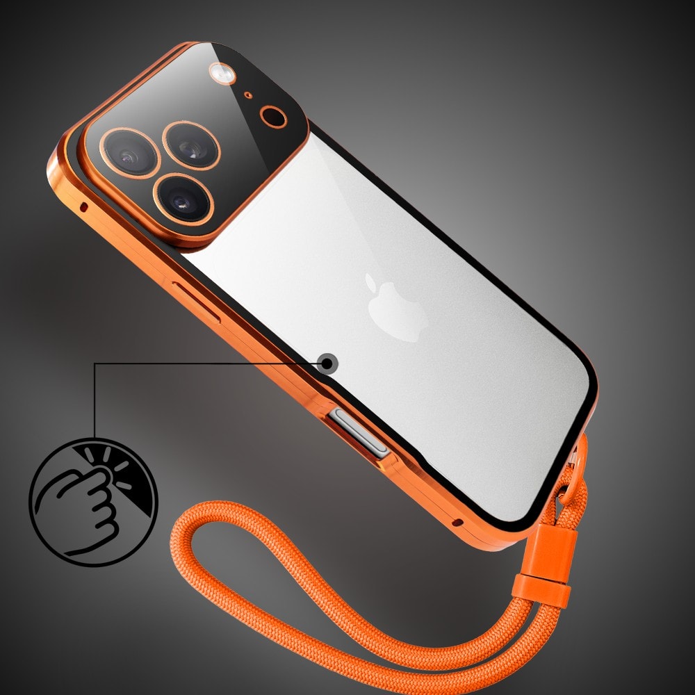 Obudowa do iPhone 18 Pro Max podwójna szyba i polerowane aluminium 360° magnetyczna, z osłoną aparatu, pomarańczowa (3) obudowa do iphone 18 pro max podwójna szyba i polerowane aluminium 360° magnetyczna, z osłoną aparatu, pomarańczowa