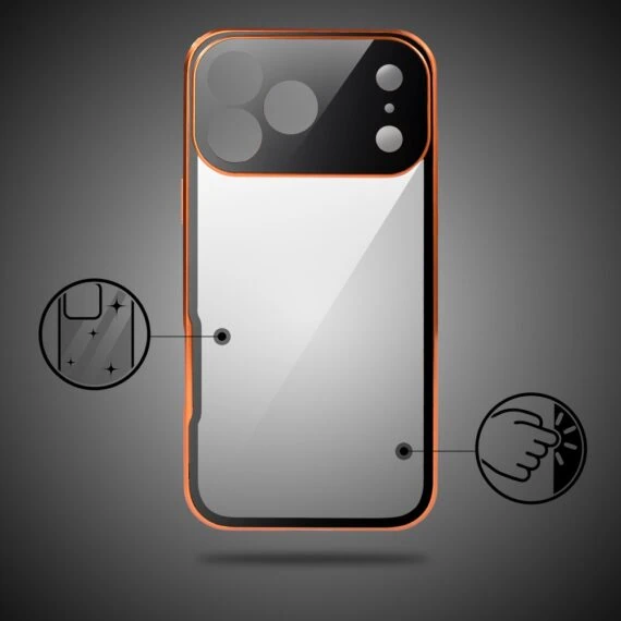 obudowa do iphone 18 pro max podwójna szyba i polerowane aluminium 360° magnetyczna, z osłoną aparatu, pomarańczowa