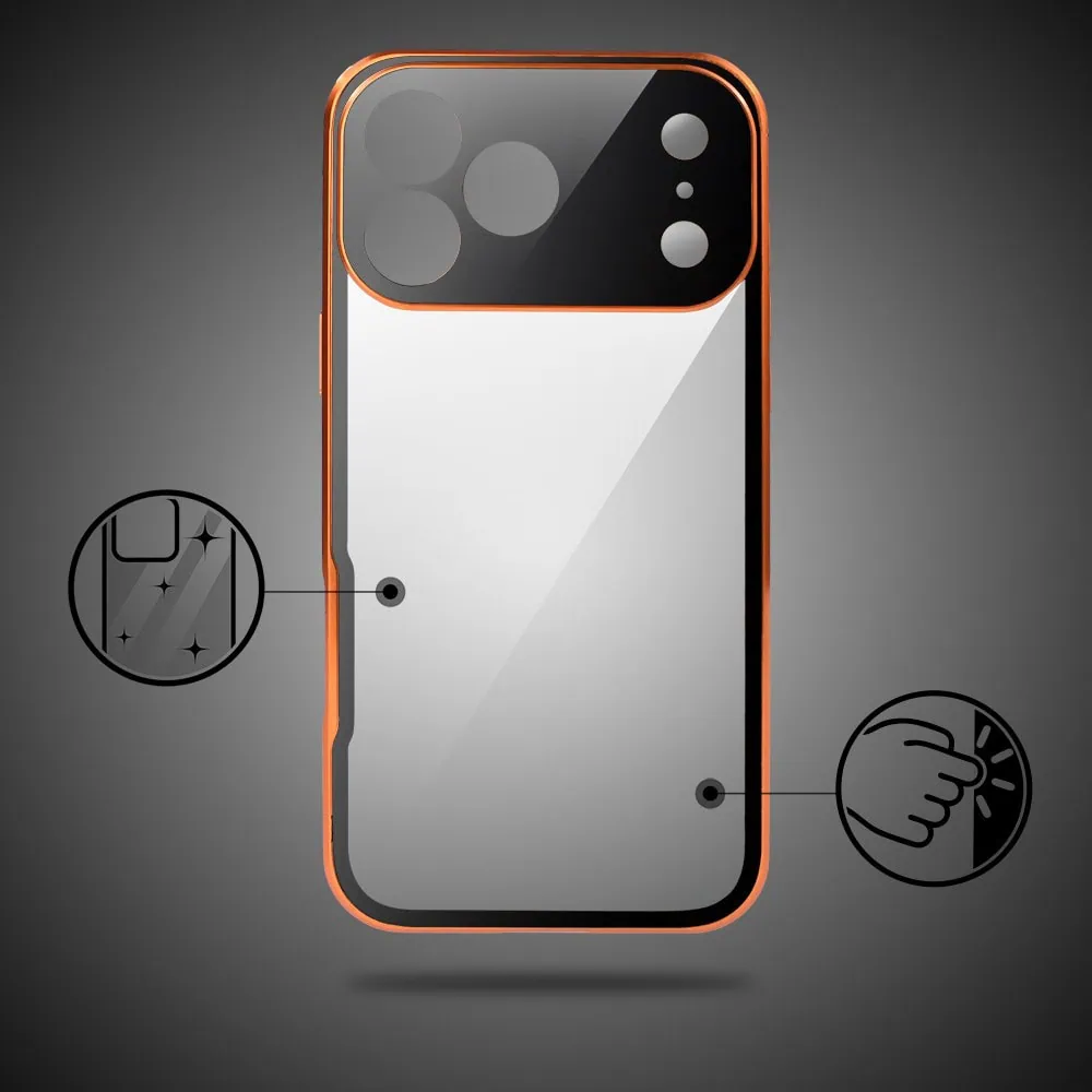 Obudowa do iPhone 18 Pro Max podwójna szyba i polerowane aluminium 360° magnetyczna, z osłoną aparatu, pomarańczowa (4) obudowa do iphone 18 pro max podwójna szyba i polerowane aluminium 360° magnetyczna, z osłoną aparatu, pomarańczowa