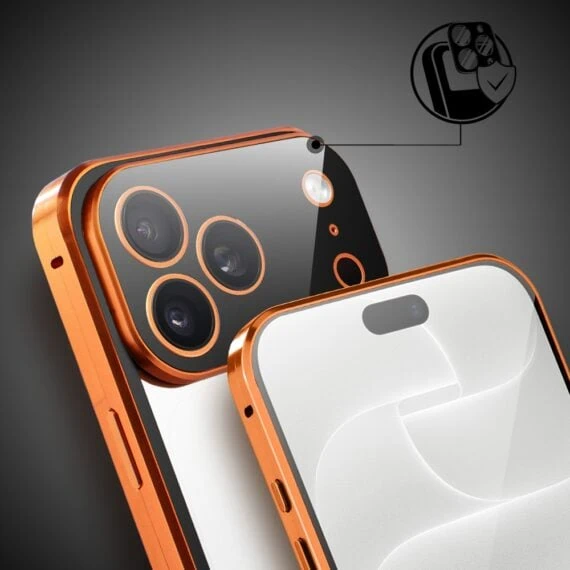 obudowa do iphone 18 pro max podwójna szyba i polerowane aluminium 360° magnetyczna, z osłoną aparatu, pomarańczowa