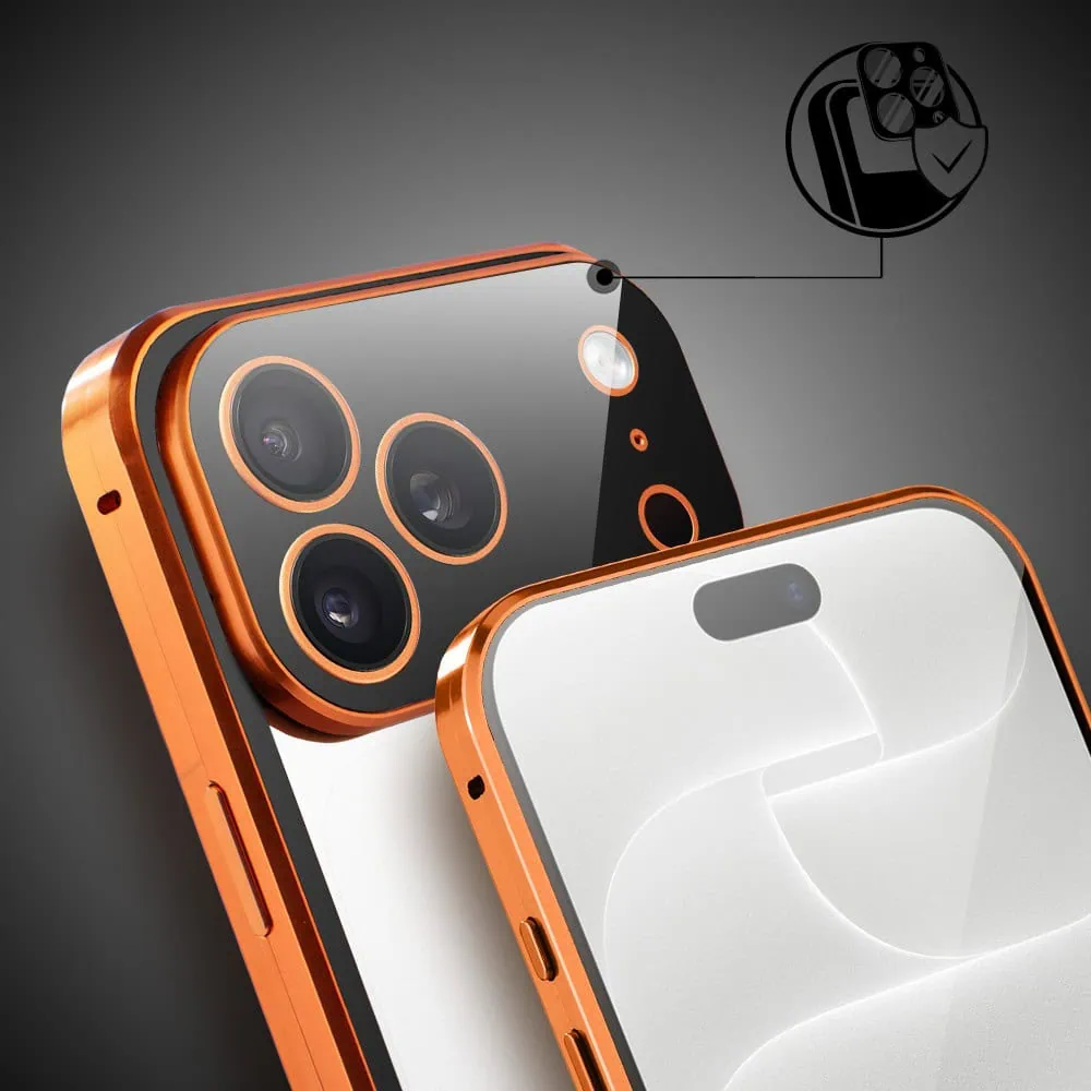 Obudowa do iPhone 18 Pro Max podwójna szyba i polerowane aluminium 360° magnetyczna, z osłoną aparatu, pomarańczowa (5) obudowa do iphone 18 pro max podwójna szyba i polerowane aluminium 360° magnetyczna, z osłoną aparatu, pomarańczowa