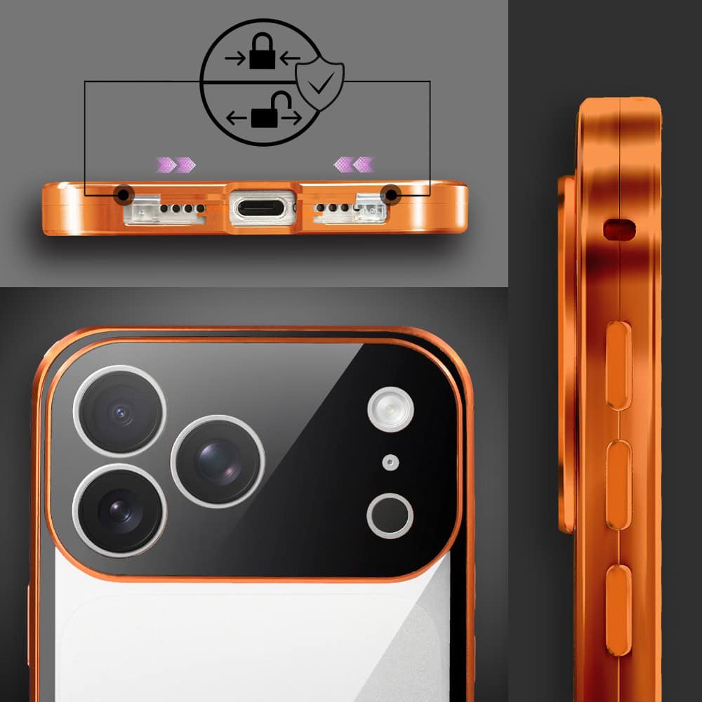 Obudowa do iPhone 18 Pro Max podwójna szyba i polerowane aluminium 360° magnetyczna, z osłoną aparatu, pomarańczowa (6) obudowa do iphone 18 pro max podwójna szyba i polerowane aluminium 360° magnetyczna, z osłoną aparatu, pomarańczowa