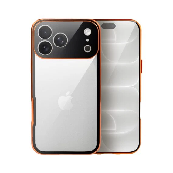 obudowa do iphone 18 pro max podwójna szyba i polerowane aluminium 360° magnetyczna, z osłoną aparatu, pomarańczowa