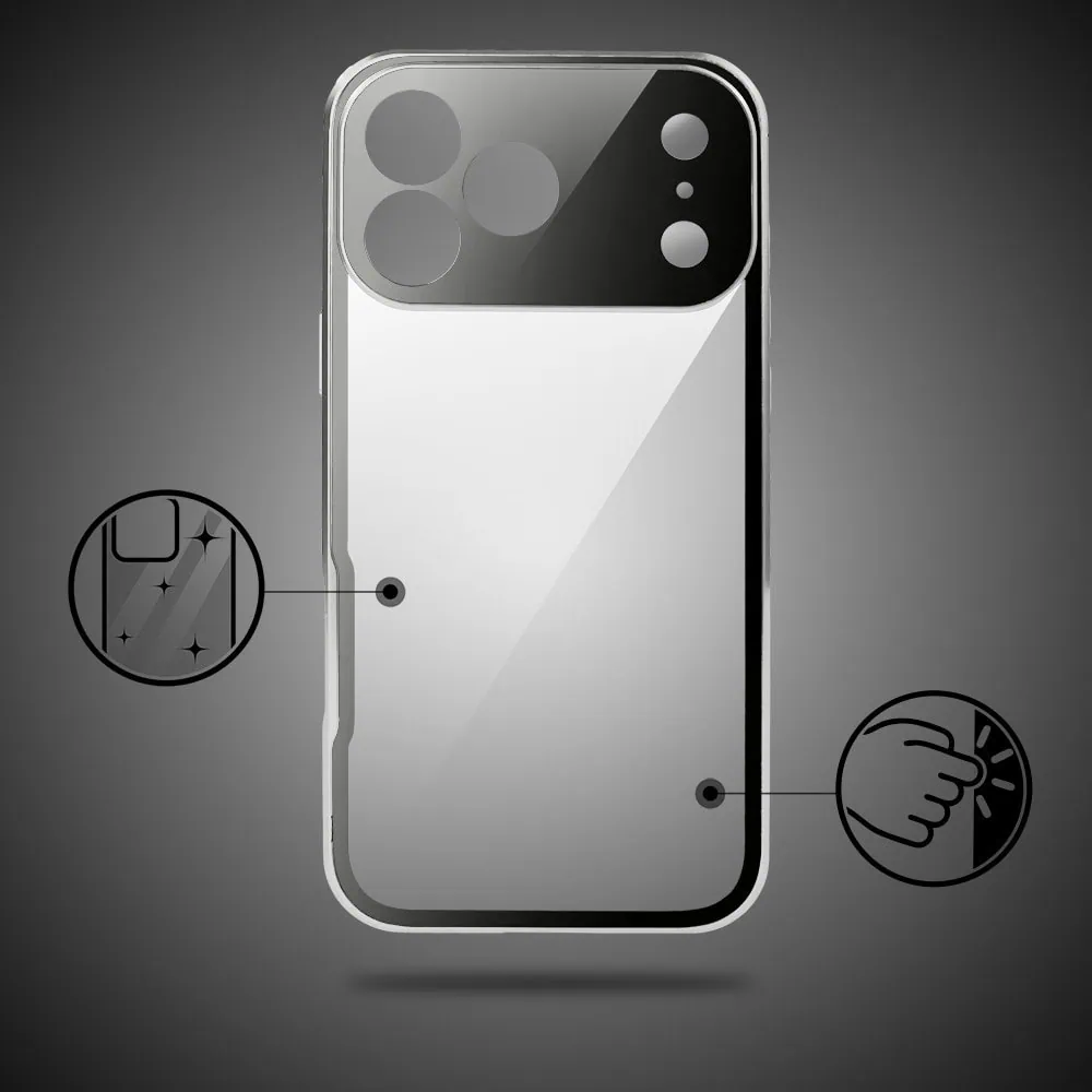 obudowa do iphone 18 pro max podwójna szyba i polerowane aluminium 360° magnetyczna, z osłoną aparatu, srebrna