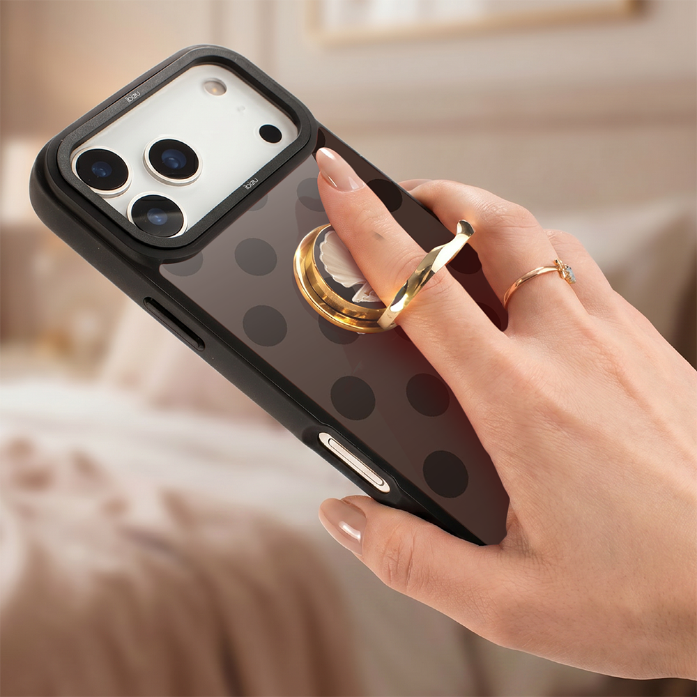 uchwyt do telefonu, ring na palec, podstawka, żółte złoto, wzór kawowa perła