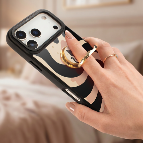 uchwyt do telefonu, ring na palec, podstawka, żółte złoto, wzór słodkie miau