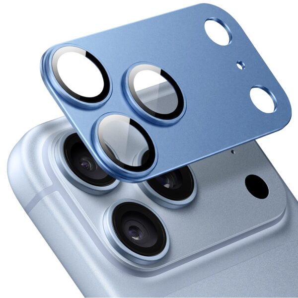 iphone 18 pro gładka metalowa osłona na cały panel aparatu, wbudowane szkła 9h, niebieska, błękit lodowca