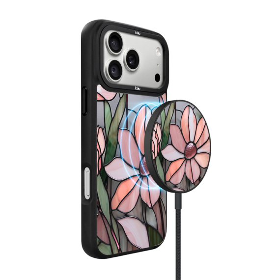 Ładowarka magnetyczna magflow i25 do magsafe, czarna ze wzorem różowa magnolia
