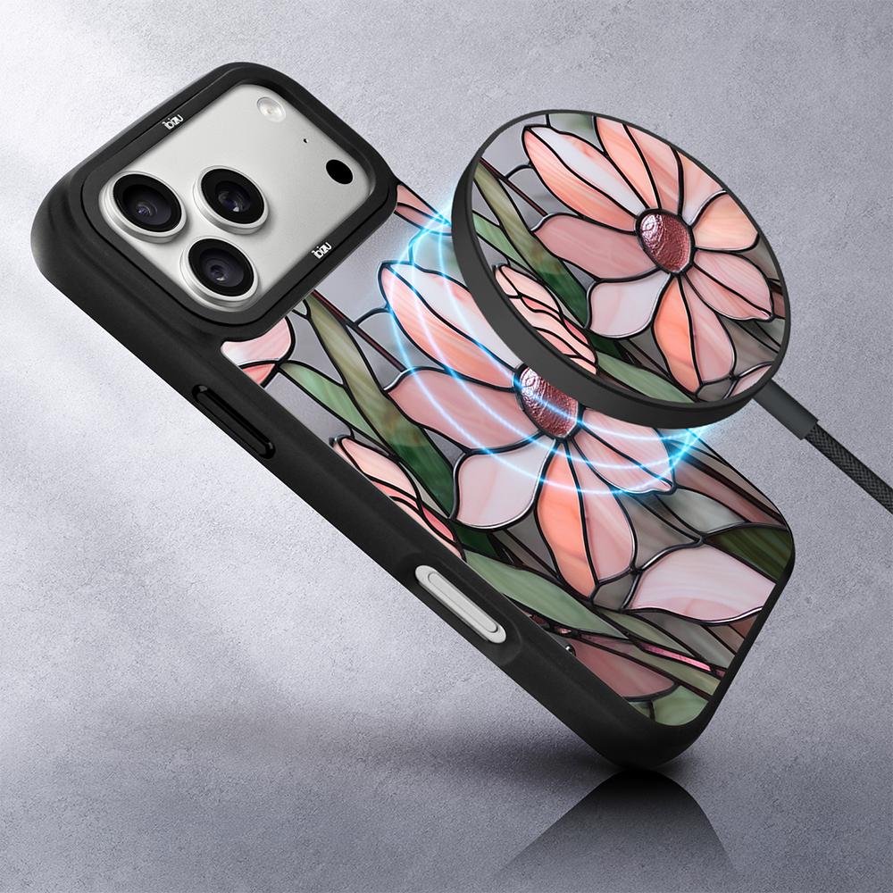 Ładowarka magnetyczna magflow i25 do magsafe, czarna ze wzorem różowa magnolia
