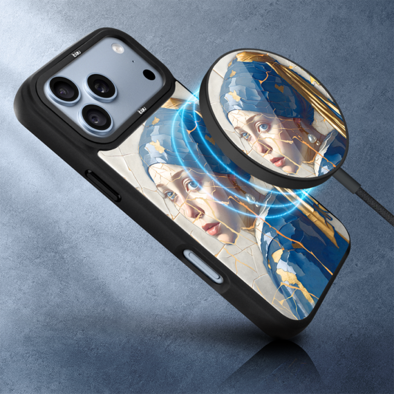 Ładowarka magnetyczna magflow i25 do magsafe, czarna ze wzorem kobieta z perłą