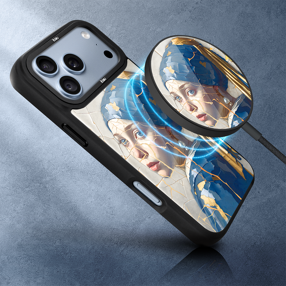 Ładowarka magnetyczna magflow i25 do magsafe, czarna ze wzorem kobieta z perłą