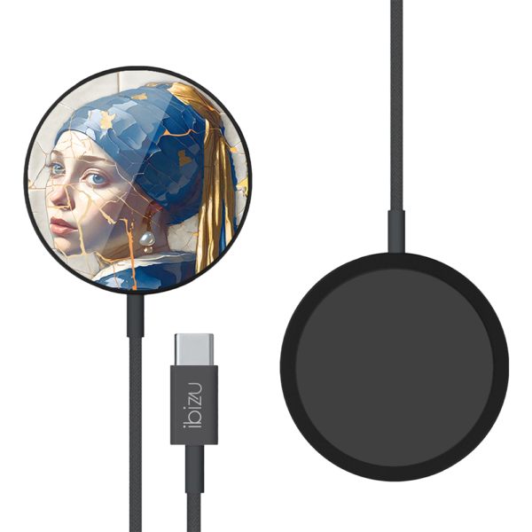 Ładowarka magnetyczna MagFlow i25 do MagSafe, czarna ze wzorem kobieta z perłą