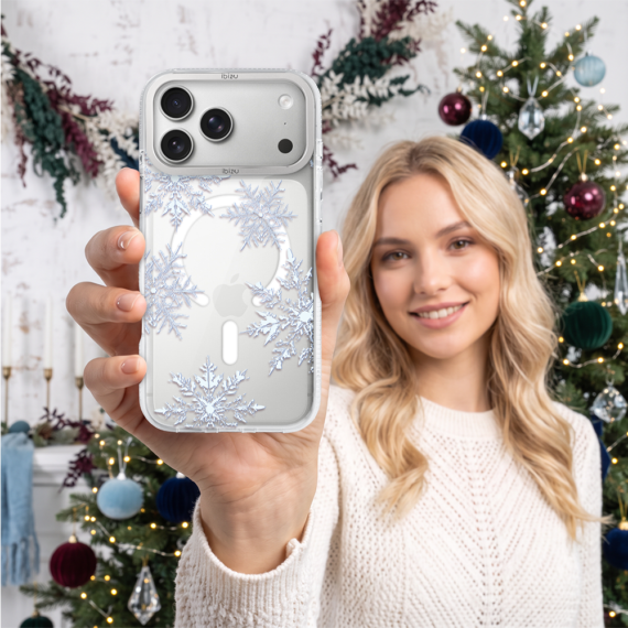 Etui do iPhone 17 Pro IBIZU Pretty Clear, metalowa ramka aparatu, przeźroczyste do MagSafe, płatki śniegu