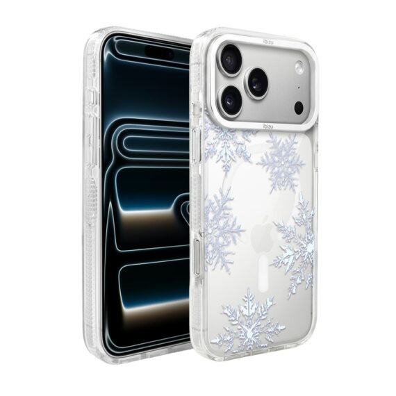 Etui do iPhone 17 Pro IBIZU Pretty Clear, metalowa ramka aparatu, przeźroczyste do MagSafe, płatki śniegu