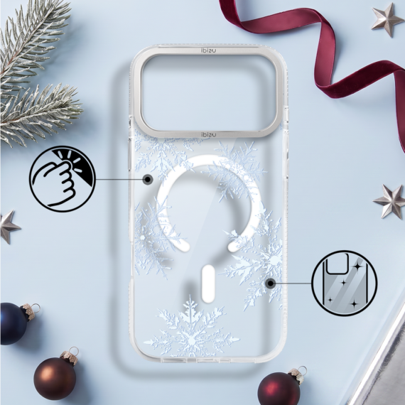 Etui do iPhone 17 Pro Max IBIZU Pretty Clear, metalowa ramka aparatu, przeźroczyste do MagSafe, płatki śniegu
