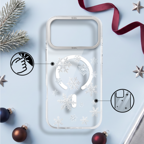 Etui do iPhone 17 Pro IBIZU Pretty Clear, metalowa ramka aparatu, przeźroczyste do MagSafe, delikatne płatki śniegu