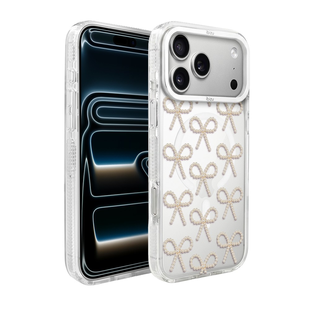 Etui do iPhone 17 Pro Max IBIZU Pretty Clear, metalowa ramka aparatu, przeźroczyste do MagSafe, złote kokardki