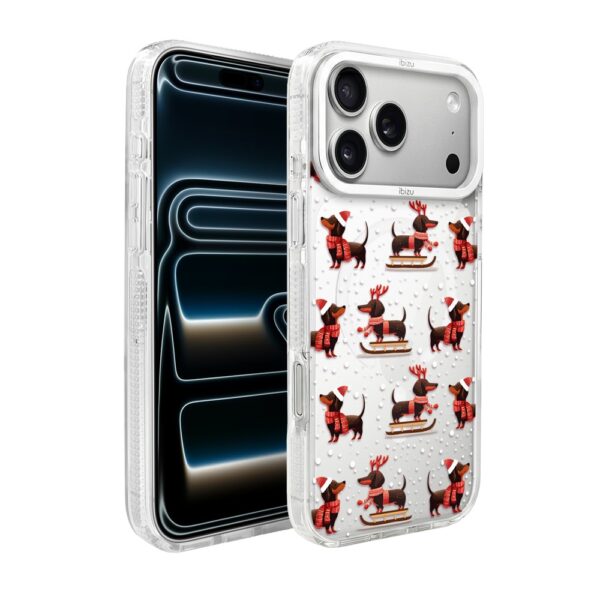 Etui do iPhone 17 Pro IBIZU Pretty Clear, metalowa ramka aparatu, przeźroczyste do MagSafe, Jamniki na saniach