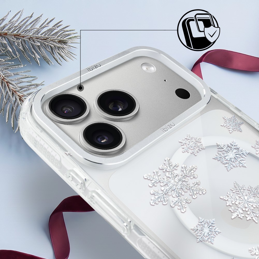 Etui do iPhone 17 Pro IBIZU Pretty Clear, metalowa ramka aparatu, przeźroczyste do MagSafe, delikatne płatki śniegu